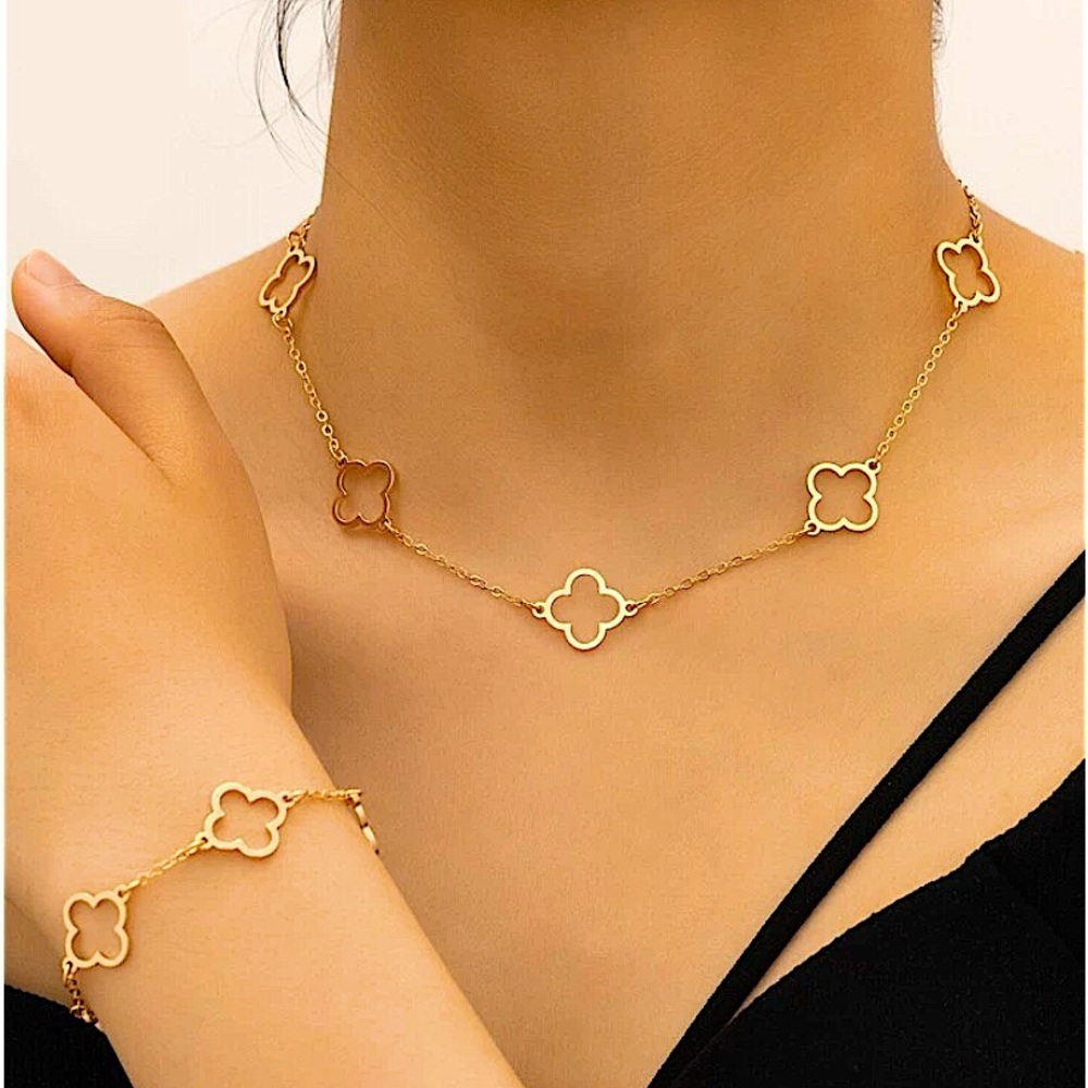 Gold Flower Hollow Out Necklace Bracelet Matching Set